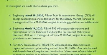 Robinsons Bank’s Advisories for the COVID-19 Enhanced Community Quarantine Period