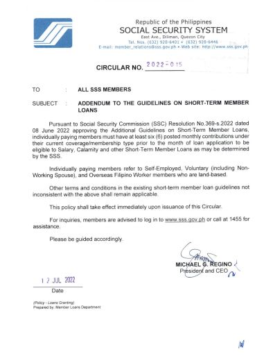 Guidelines on Short-Term Member Loans (Addendum)