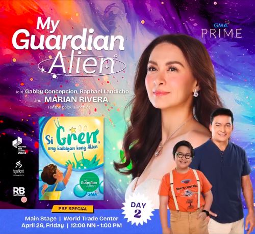 Join My Guardian Alien stars, Marian Rivera, Gabby Concepcion and Raphael Landicho of the PBF Special on the Main Stage of the Philippine Book Festival 2024, “Si Gren, Ang Kaibigan Kong Alien.”